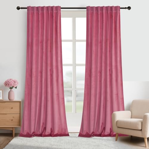 Roslynwood Luxury Soft Candy Pink Velvet Curtains 96 inches Long Back Tab Thermal Insulated Blackout Window Drapes for Living Room/Bedroom/Dining Room, W52 x L96, 2 Panels - color: Candy Pink, size: 52"W x 96"L (Pack of 2)