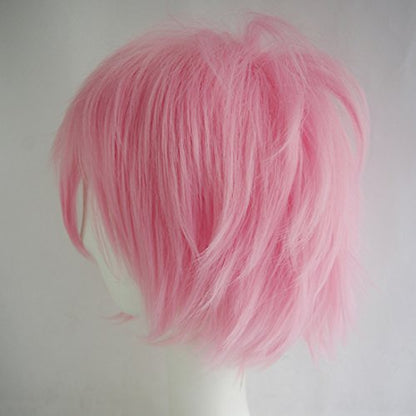 LABEAUTÉ Short Baby Pink Anime Cosplay Wig Male Men Anime Layered Unisex Heat Resistant Hair Wig with Bangs for Party and Halloween for Gift + Free Cap - color: Baby Pink