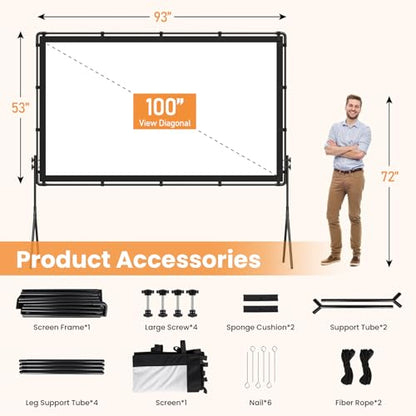 HAPPRUN Projector Screen and Stand, Easy Use 100 inch Foldable and Portable Projection Screen 16:9 Rear Front Wrinkle-Free Movie Screen with Carry Bag for Indoor Outdoor Home Theater Backyard Cinema