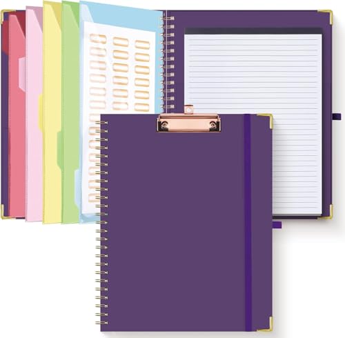 HAUTOCO Clipboard Folio with Refillable Lined Notepad for Letter Size (11" x 8.5"), 5 Dividers with 10 Pockets, Elastic Pen Holder and File Folder Labels, Spiral Nurse Clipboard Artboard(Dark Purple) - color: Dark Purple