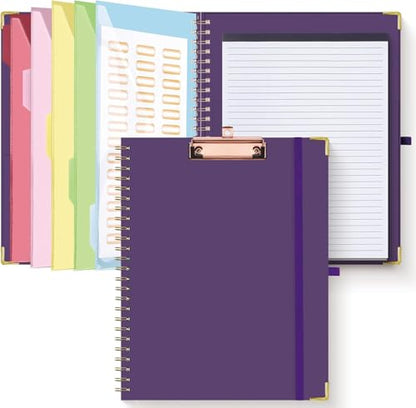HAUTOCO Clipboard Folio with Refillable Lined Notepad for Letter Size (11" x 8.5"), 5 Dividers with 10 Pockets, Elastic Pen Holder and File Folder Labels, Spiral Nurse Clipboard Artboard(Dark Purple) - color: Dark Purple