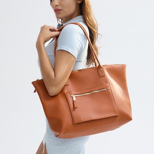 HOXIS Tote Bag for Women with Zipper Vegan Leather Handbag with Trolley Sleeve Travel Weekender Carryall Bag - color: Orange-brown