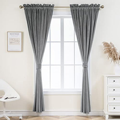 PLEASANT BOULEVARD Grey Velvet Curtains 63 inch Long Heavyweight Blackout Curtains Rod Pocket Thermal Insulated Darkening Window Drapes for Bedroom Living Room, W52 x L63, 2 Panels - color: Grey, size: 52"W x 63"L (Pack of 2)