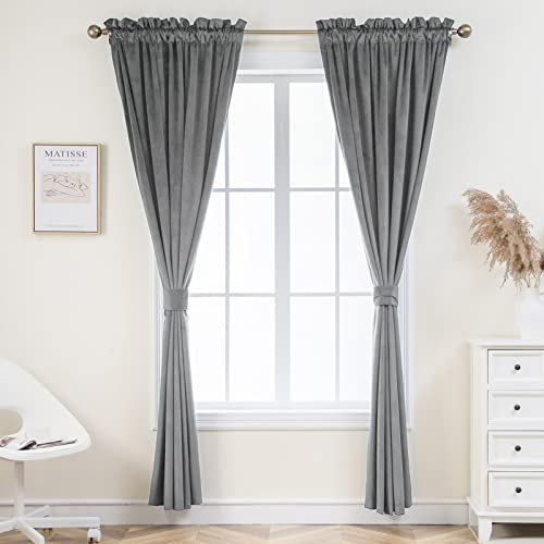 PLEASANT BOULEVARD Grey Velvet Curtains 95 inch Long Heavyweight Blackout Curtains Rod Pocket Thermal Insulated Darkening Window Drapes for Bedroom Living Room, W52 x L95, 2 Panels - color: Grey, size: 52"W x 95"L (Pack of 2)