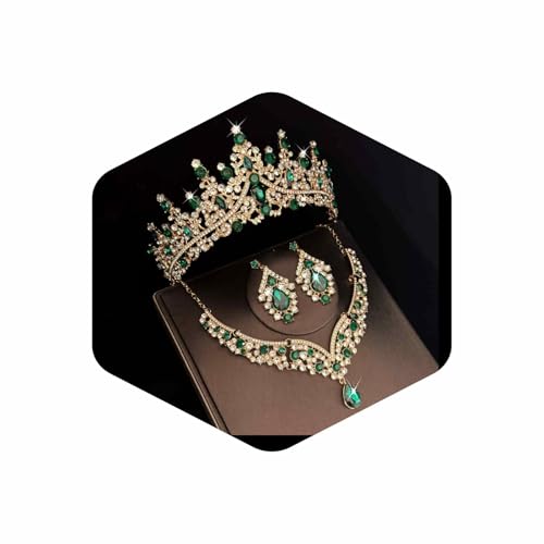 Tiaras Crowns for Women,Wedding Jewelry Set, Tiaras Necklace Earrings Crystal Bridal Wedding Jewelry Sets for Brides Bridesmaid Prom Costume Accessories - color: Gold Green