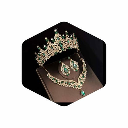 Tiaras Crowns for Women,Wedding Jewelry Set, Tiaras Necklace Earrings Crystal Bridal Wedding Jewelry Sets for Brides Bridesmaid Prom Costume Accessories - color: Gold Green