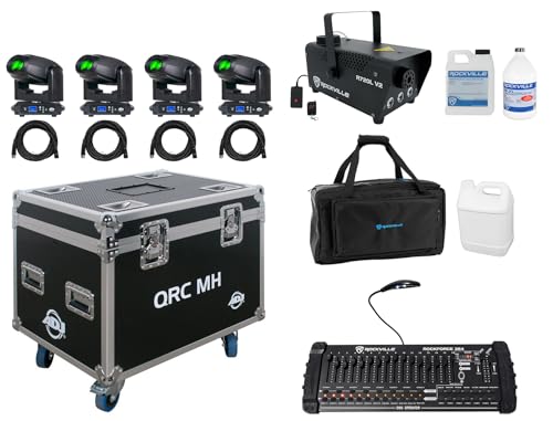 Audiosavings Bundle: (4) ADJ Focus SPOT 5Z Moving Head Spot Light Bundle with (1) QRC-MH Flight Case,(1) Fog Machine,(1) DMX Controller, (1) Travel Bag, (1) Fog Juice,(4) 25 DMX Cable(13 Items)