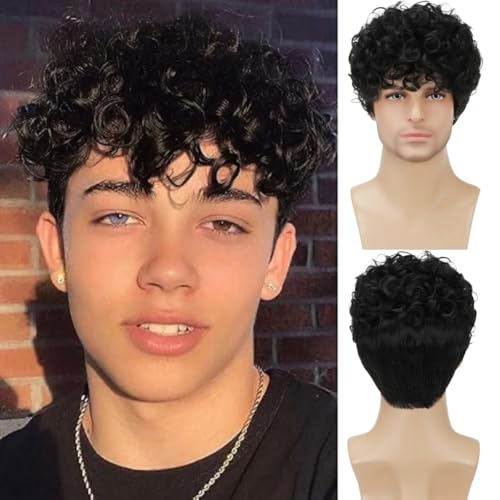 Mens Curly Wigs Black Short Wig Synthetic Heat Resistant Costume Wig Mens Daily Cosplay Party Halloween - color: C-Black