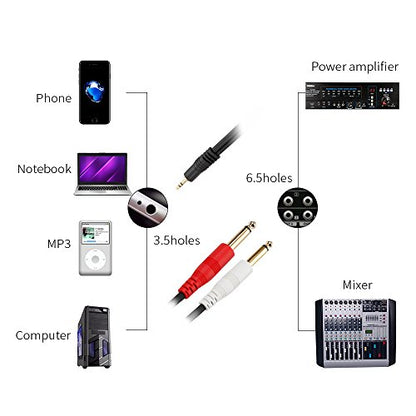 1/8 TRS to Dual 1/4 Audio Cable, 3.5mm TRS to 6.35mm Dual 1/4 TS Mono Y Splitter Audio Cable Adapter for SMA rtphone, Computer, Mixer, Amplifier Speaker, Home Stereo System (5FT) - size: 6FT