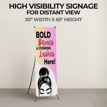 DreamController Lashes & Brows X-Stand Banner by DC | 30"x65" Tripod Display | Bold Brows Stunning Lashes Here Vertical Banner for Trade Shows & Events | Made in USA | (Stand Not Included) - color: Bold Brows Stunning Lashes Here, size: X Banner - 30x65"