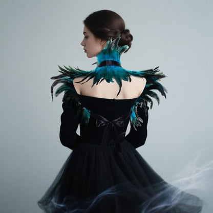 2Pcs Witch Feather Shawl Wrist Cuff for Women | Gothic Crow Shrug Shawl, for Halloween, Feather Costume Accessories - color: Blue