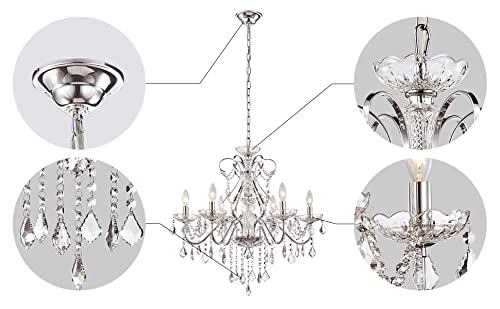 Saint Mossi 6 Light Crystal Chandelier Light Fixture Modern Chandelier Pendant Lighting, Chrome Pendant Raindrop Chandelier for Dining Room,Bedroom,Living Room,H23 x D24 - color: Chrome