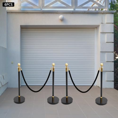 6Pcs Stainless Steel Stanchion Post, Crowd Control Barriers Red Carpet Poles with 5ft Velvet Ropes & 37.4in Posts, Line Dividers for Wedding Theater Party Hotel (Black & Gold) - color: Black & Gold