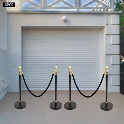 6Pcs Stainless Steel Stanchion Post, Crowd Control Barriers Red Carpet Poles with 5ft Velvet Ropes & 37.4in Posts, Line Dividers for Wedding Theater Party Hotel (Black & Gold) - color: Black & Gold