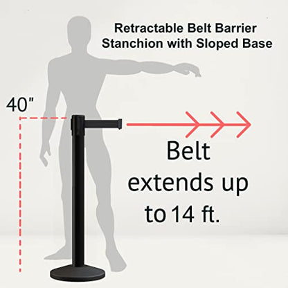Montour Line M650 Set of 2 Retractable Belt Barrier Stanchion, Sloped Base, Polished Stainless Steel Post (14 ft Blue Belt) - color: Blue, size: Polished Stainless Steel