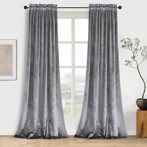 Roslynwood Silver Velvet Curtain 63 inches Long - Curtains Block Light Rod Pocket Thermal Insulated Window Drapes for Living Room/Bedroom/Dining Room, 52Wx63L, 2 Panels - color: Silver, size: 52"W x 63"L (Pack of 2)