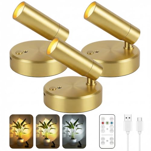 6000mah Rechargeable Spotlight Indoor, 3 Pack Wireless Lighting with Remote | Battery Operated Uplight with 3-CCT,10-Level Dimming,Timer,Spot Lights for Plant,Picture,Art,Gallery,Accent,Wall Decor, Gold - color: Gold