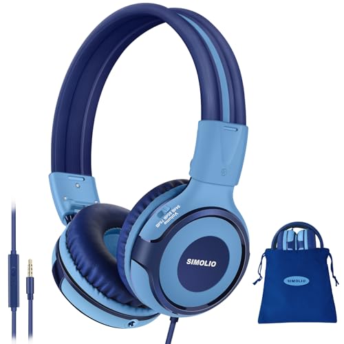 SIMOLIO Manyshare Series- Kids Headphones for School with Mic, 75/85/94dB Volume Limit Wired Headphones with Share Port for Tablet PC, Foldable Blue Headset with Carry Bag for Travel Airplane Gaming - color: Lack Blue