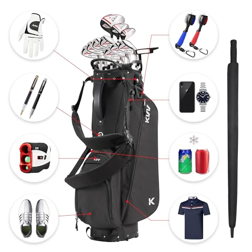 KVV Lightweight Golf Stand Bag with 7 Way Full-Length Dividers, 5 Zippered Pockets, Automatically Adjustable Dual Straps，Elegant Design - color: Black