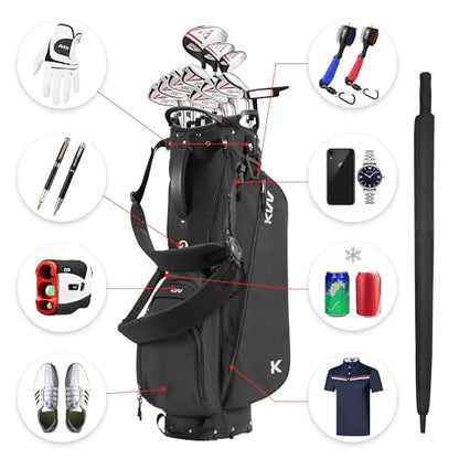 KVV Lightweight Golf Stand Bag with 7 Way Full-Length Dividers, 5 Zippered Pockets, Automatically Adjustable Dual Straps，Elegant Design - color: Black