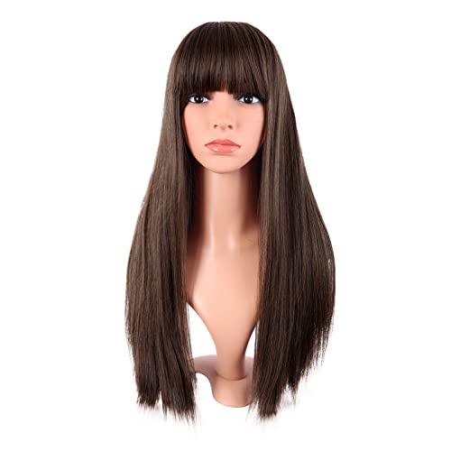 MapofBeauty 24 Inch Long Straight Flat Bangs Party Cosplay Wig, Brown | 60 cm Synthetic Hair Wig, Heat Resistant, Women - color: Brown