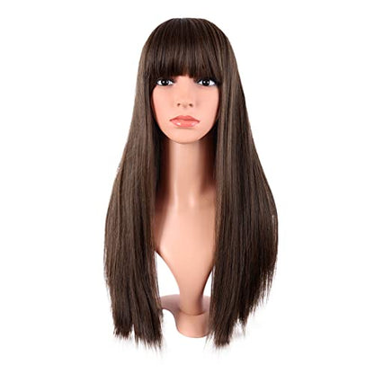 MapofBeauty 24 Inch Long Straight Flat Bangs Party Cosplay Wig, Brown | 60 cm Synthetic Hair Wig, Heat Resistant, Women - color: Brown