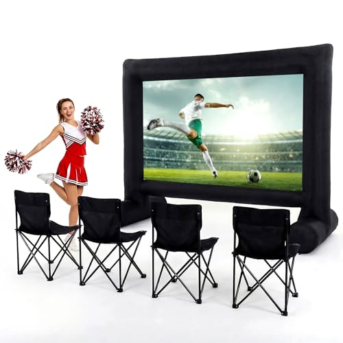 Threehoney 5 Pcs Set, 16ft Inflatable Projector Screen and 4 Chair, Projector Screen Outdoor for Soccer Event with Air Blower, Bag, Front/Rear Movie Projection for Home Backyard Theater Movie Night