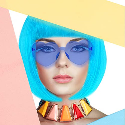 LIULIUBTY Short Bob Hair Wigs Straight with Flat Bangs Synthetic Colorful Cosplay Daily Party Neon Wig for Women + Free Wig Cap 15" Natural As Real - color: Blue
