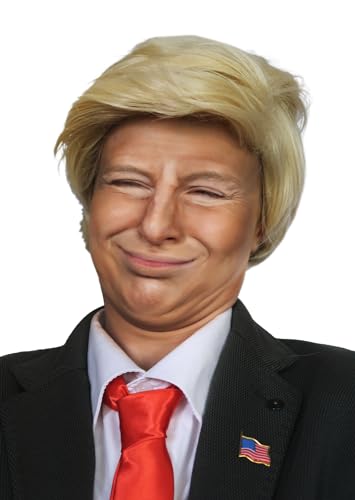 ALLAURA 3pc Donald Costume Kit – Blonde Wig, Red Tie, Flag Pin – Compatible with Pres Donald Wig Halloween Costume for Adults, Couples, Cosplay, Political Events, Parody Outfits, Toupee Wig Look - color: 1-Blonde