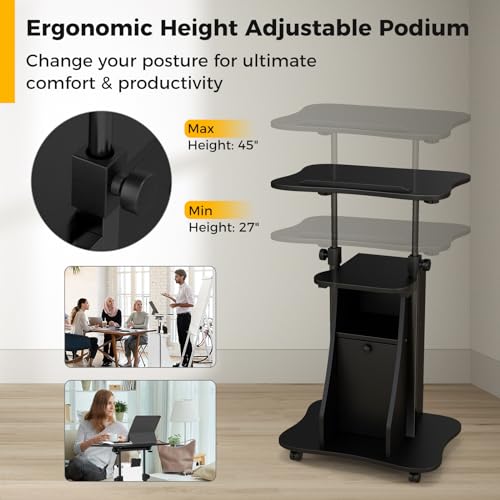Moccha Lectern Podium Stand, Height Adjustable Sit to Stand Desk w/ 180° Tilting Tabletop, Storage Cabinet, Lockable Casters, Rolling Lectern Cart Laptop Desk for Home, Office, School (Black) - color: Black