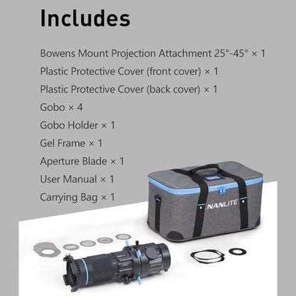 NANLITE Bowens Mount Projection Attachment 25°-45° Optical Snoot Photography Kit Lens Modifier for Nanlite FS-300C/300B FC-300B/300C FC-500B/500C Forza 300/300B/500/500B Aputure 300DII 300C 300X 600D