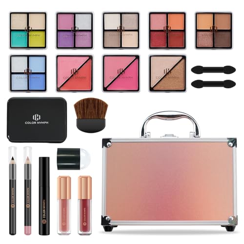 Color Nymph Beginner Makeup Kits For Teens With Train Case Included Full Makeup Kit Eyeshadow Palette Blushes Bronzer Highlighter Lipstick Brushes Mirror（Gold） - color: Gold