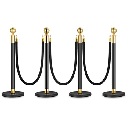 4PCS Stanchion Posts with Black Velvet Rope, 5 ft/1.5 m Velvet Carpet Ropes and Pole Crowd Control Barriers, Queue Line Rope & Poles for Party Supplies, Events, Hotels, Black
