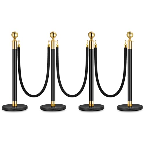 4Pack Stanchions and 5FT Black Velvet Ropes, Crowd Control Barrier, Black Stanchions Queue Barrier Line Divider with Fillable Plastic Base Used for Theaters Clubs Hotels Museums Exhibition - color: 4 Pack | 3 Rope