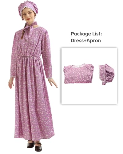NSPSTT Prairie Dress Women Pioneer Dress Colonial Costume - color: Purple-dress, size: Medium