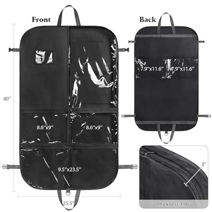 Univivi 40 Inch Dance Costume Garment Bags for Dancers, Black | Breathable Non-Woven Fabric, Clear Zip Pockets, 1 Pendant & 3 Badges, Foldable Hanging Dance Garment Bag for Travel