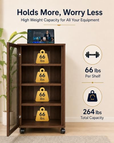 4-Tier Walnut Media Cabinet with Glass Door & Adjustable Shelves | 198 lb Capacity, Clear Tempered Glass with Metal Frame, Ventilated Design, Cable Management, and Locking Caster Wheels - color: Walnut, size: 4-tier
