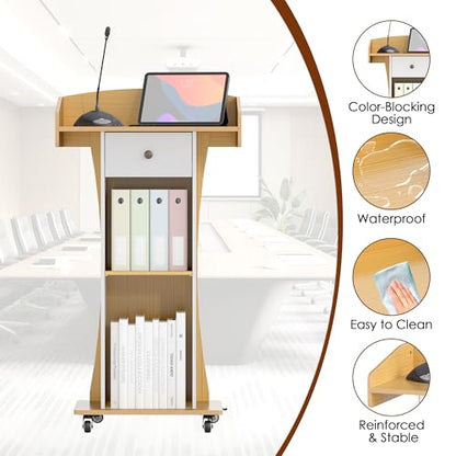 Podium Stand with Metal Wheels Wooden Lectern Podium Stand Portable Pulpit Standing with Storage Mobile Reception Podiums Desk for Church Office School Conference Restaurant Meeting,Wood - color: White&wood