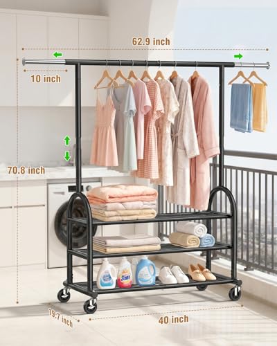 EAGMAK Rolling Clothes Rack Heavy Duty Clothing Racks with 3 Shelves, Black - color: Black, style: 3 Shelves