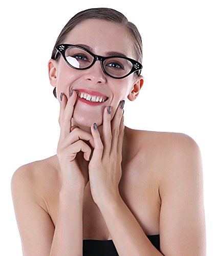 Breevo 50s Costume Accessories Set Women Scarf Headband Glasses | Includes Bandana Scarf, Headband, Clip-on Earrings, and Cat-Eye Glasses; Chiffon Scarf - color: Black
