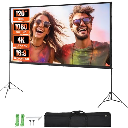 VEVOR Projector Screen with Stand, 120 inch 16:9 4K 1080 HD Outdoor Movie Screen with Stand, Wrinkle-Free Projection Screen with Tripods and Carry Bag, for Home Theater Cinema Backyard Movie Night