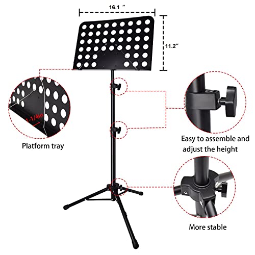 Sheet Music Stand with Light & Phone Holder, 57" Music Stand for Sheet Music High Stability, Height Adjustable Music Sheet Stand with Carrying Bag, Portable Music Book Holder (33-57inch) - size: 33-57inch