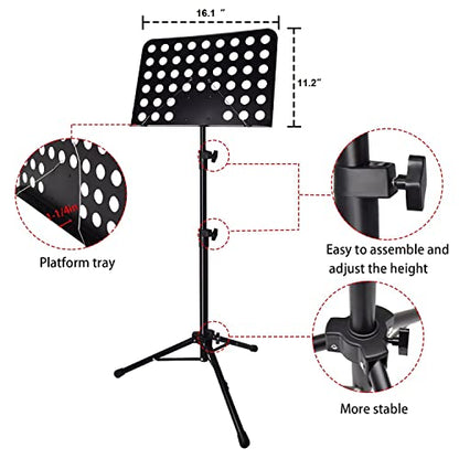Sheet Music Stand with Light & Phone Holder, 57" Music Stand for Sheet Music High Stability, Height Adjustable Music Sheet Stand with Carrying Bag, Portable Music Book Holder (33-57inch) - size: 33-57inch