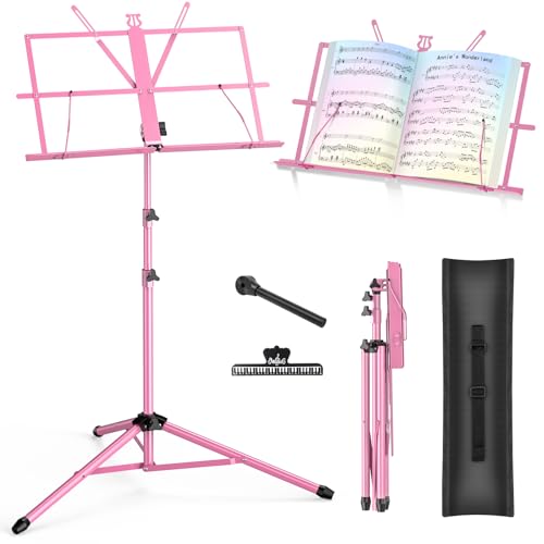 Music Stand New bee Foldable & Portable Metal Sheet Music Stand with Carrying Bag, Adjustable Podium Stand with Tripod Base and Sheet Music Folder - Pink