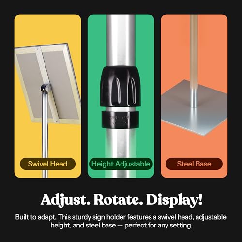 T-Sign 31.5 to 48 Inch Pedestal Sign Holder - Adjustable Floor Sign Stand for 8.5x11 Displays, Heavy Duty Outdoor Sign Holder with Square Base for Restaurants, Retail, Trade Shows, and Events (Silver) - size: 8.5 x 11 inches, Silver