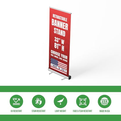 Custom vertical banner stand by Custom Boss retractable stand USA Made | Custom pop up banner stand 33x81 for trade show display, vendor booth display and grand opening banner, adjustable base - color: Retractable Banner