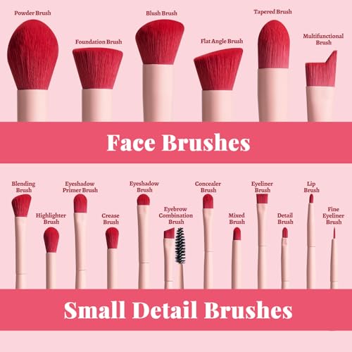 BS-MALL Makeup Brush Set 18 Pcs Premium Synthetic Foundation Powder Concealers Eye shadows Blush Makeup Brushes with black case (Pink Red) - color: Pink Red