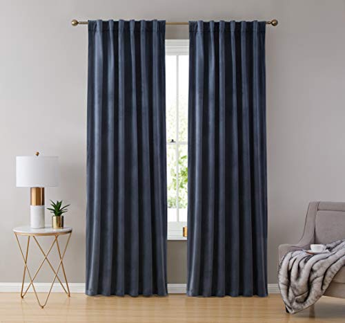 HLC.ME Lopez Velvet Premium Privacy Back Tab Rod Pocket Window Treatment Curtain Drapery Panels for Bedroom & Living Room - Set of 2 Panels (54 x 96 inches Long, Navy Blue) - color: Navy Blue, size: 54"W x 96"L (Pack of 2), style: Back Tab Rod Pocket