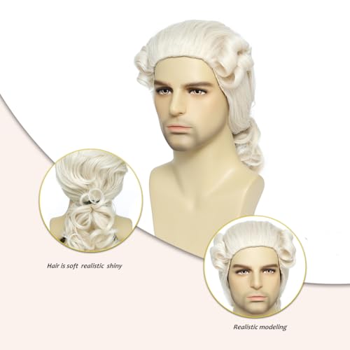 Men's 18th Century Colonial Judge Wig, George Washington Wig Lawyer Aristocrat Curly Costume Wig for Halloween Historical Theme Party (Beige) - color: 3-Beige