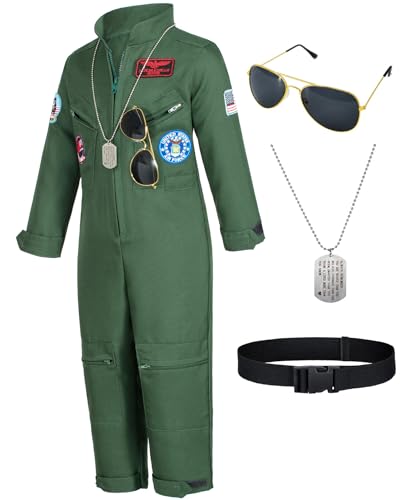 Kids Fighter Pilot Costume - Air Force Flight Suit Roleplay Dress Up with Aviator Accessories for Girls Boys - size: 4-5 Years